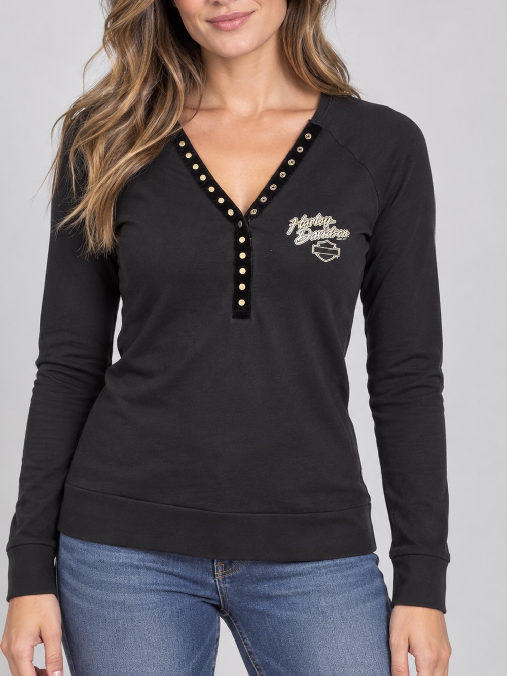 Harley-Davidson 2007 Black Studded Henley Long Sleeve Top Women’s M USA